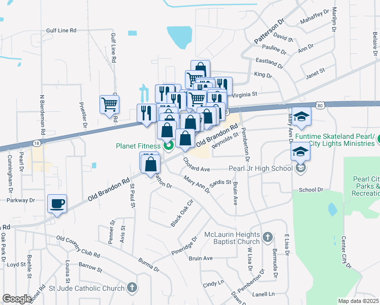map of restaurants, bars, coffee shops, grocery stores, and more near 2909 Old Brandon Road in Pearl