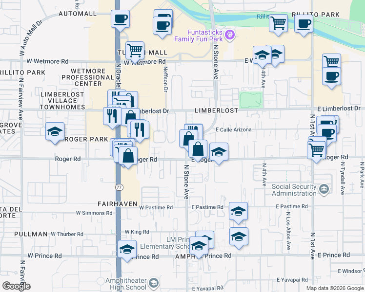 map of restaurants, bars, coffee shops, grocery stores, and more near 4007 North Stone Avenue in Tucson