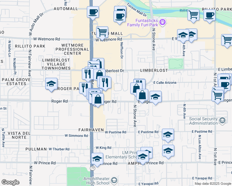 map of restaurants, bars, coffee shops, grocery stores, and more near 220 West Roger Road in Tucson