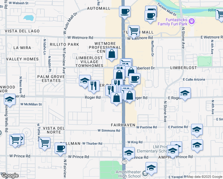 map of restaurants, bars, coffee shops, grocery stores, and more near 4045 North Oracle Road in Tucson