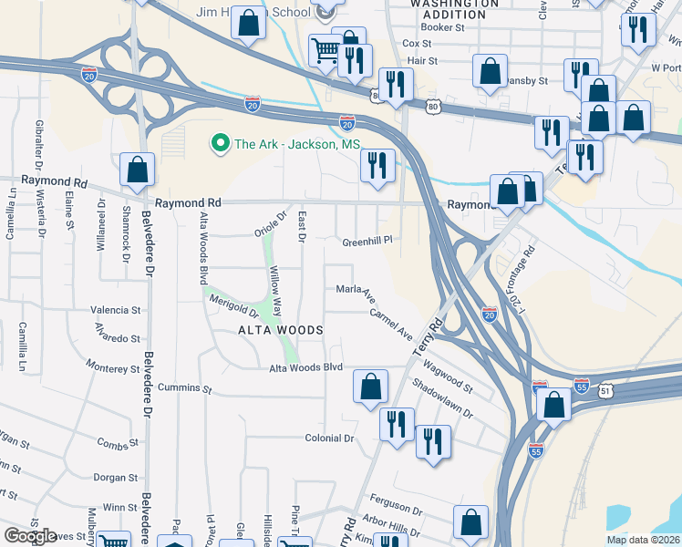 map of restaurants, bars, coffee shops, grocery stores, and more near 244 Marla Avenue in Jackson