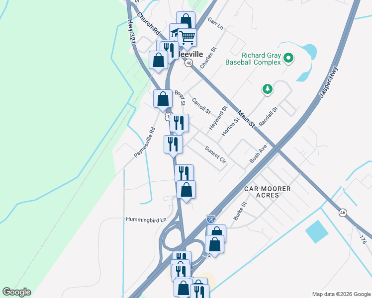 map of restaurants, bars, coffee shops, grocery stores, and more near 155 Ulman Street in Hardeeville