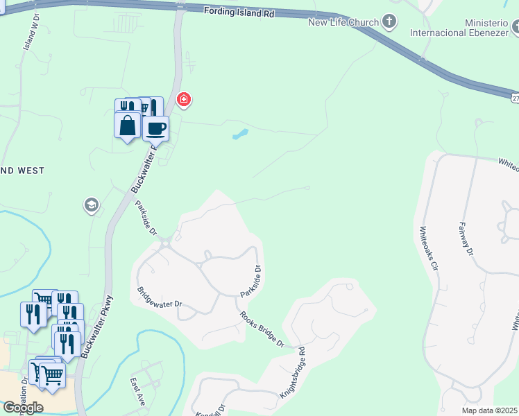 map of restaurants, bars, coffee shops, grocery stores, and more near 50 Pebble Beach Cove in Bluffton