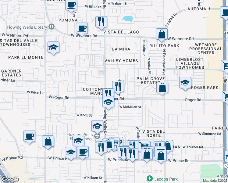 map of restaurants, bars, coffee shops, grocery stores, and more near 1339 West El Caminito Place in Tucson