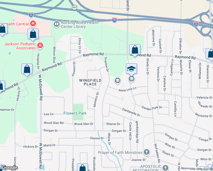 map of restaurants, bars, coffee shops, grocery stores, and more near 2085 Scanlon Drive in Jackson