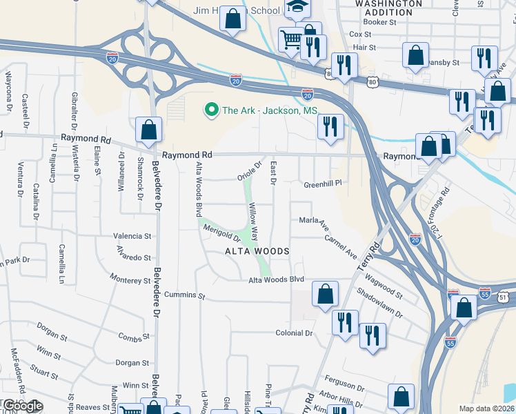 map of restaurants, bars, coffee shops, grocery stores, and more near 2002 Willow Way in Jackson