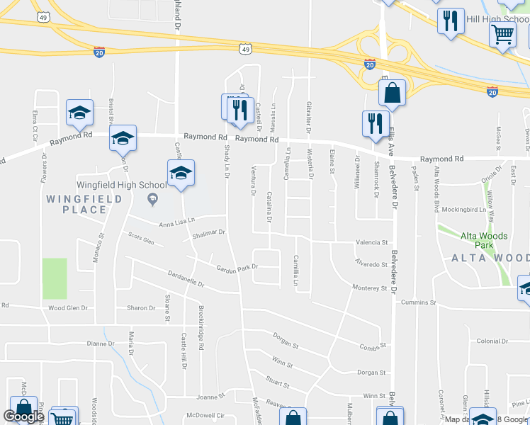 map of restaurants, bars, coffee shops, grocery stores, and more near 1941 Catalina Drive in Jackson