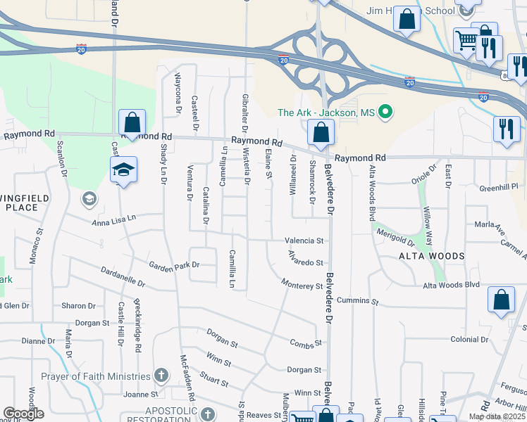 map of restaurants, bars, coffee shops, grocery stores, and more near 21 Valencia Court in Jackson