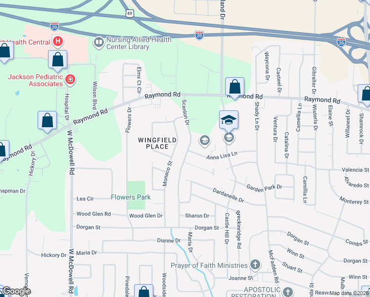 map of restaurants, bars, coffee shops, grocery stores, and more near 2085 Scanlon Drive in Jackson