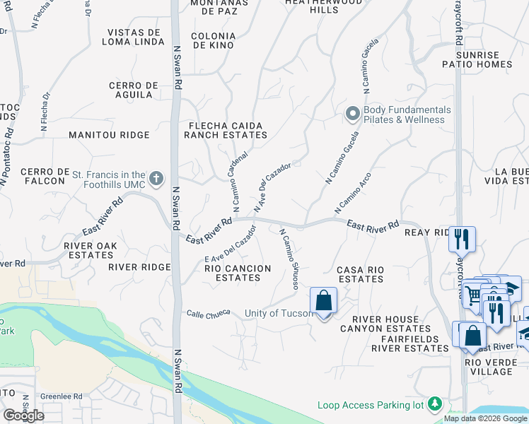 map of restaurants, bars, coffee shops, grocery stores, and more near 4990 East Avenida Del Cazador in Tucson