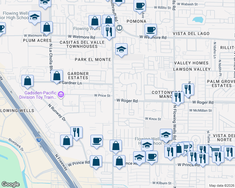 map of restaurants, bars, coffee shops, grocery stores, and more near 1750 West Roger Road in Tucson
