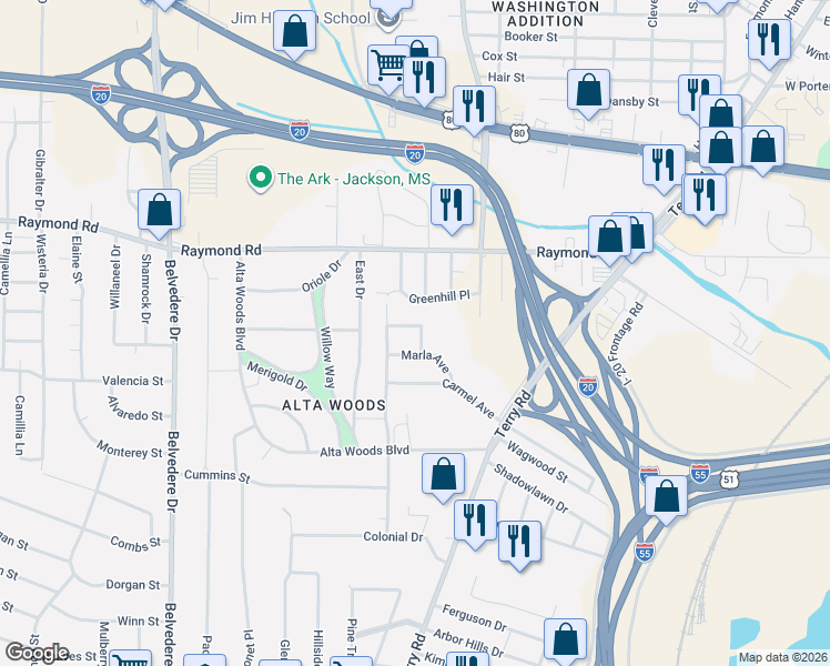 map of restaurants, bars, coffee shops, grocery stores, and more near 244 Marla Avenue in Jackson