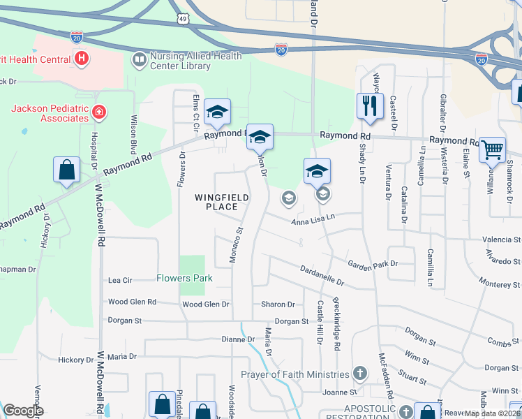 map of restaurants, bars, coffee shops, grocery stores, and more near 2085 Scanlon Drive in Jackson