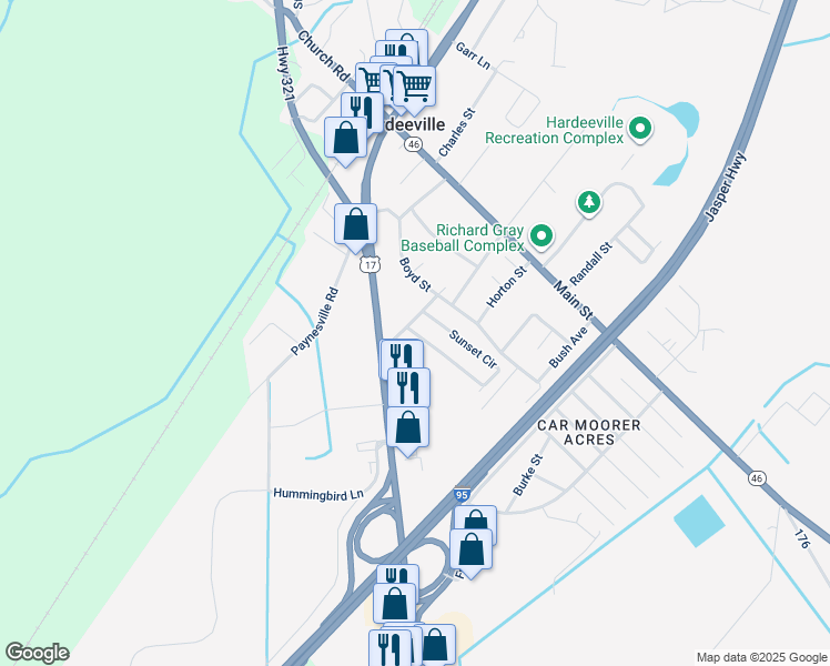 map of restaurants, bars, coffee shops, grocery stores, and more near 133 Sunset Cir in Hardeeville