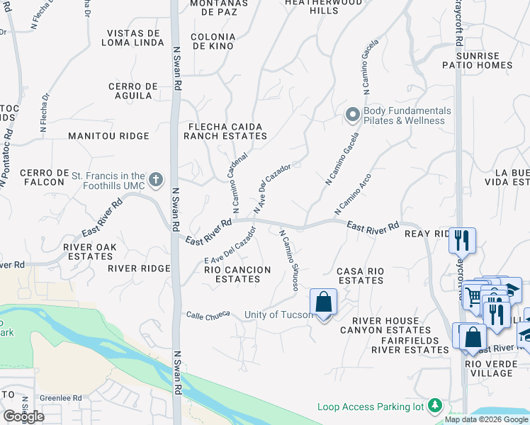map of restaurants, bars, coffee shops, grocery stores, and more near 4990 East Avenida Del Cazador in Tucson