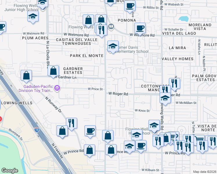 map of restaurants, bars, coffee shops, grocery stores, and more near 1750 West Roger Road in Tucson