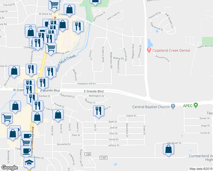map of restaurants, bars, coffee shops, grocery stores, and more near 725 Hampton Hill Drive in Tyler