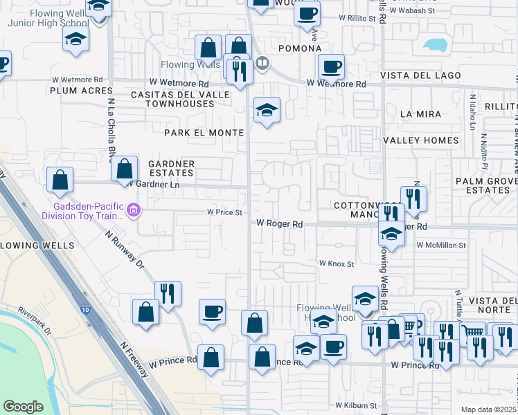 map of restaurants, bars, coffee shops, grocery stores, and more near 1750 West Roger Road in Tucson