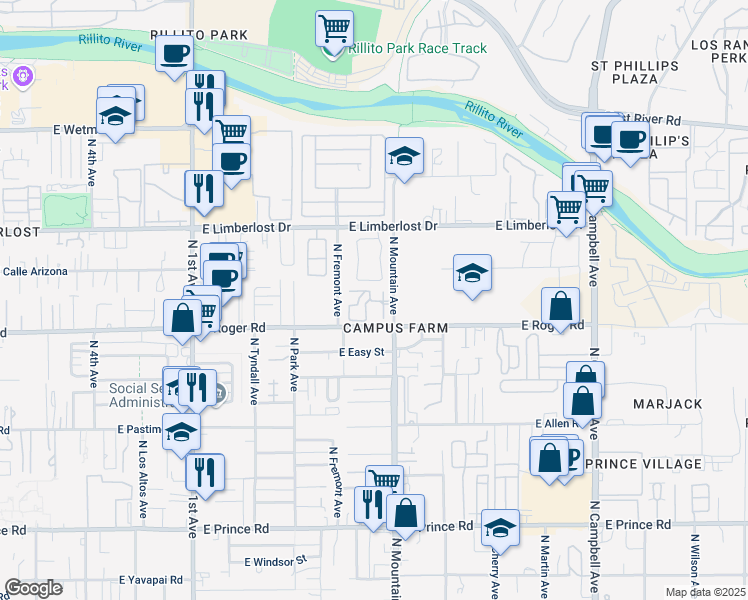 map of restaurants, bars, coffee shops, grocery stores, and more near 1262 East Weimer Circle in Tucson