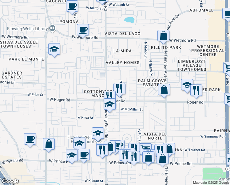 map of restaurants, bars, coffee shops, grocery stores, and more near 1339 West El Caminito Place in Tucson