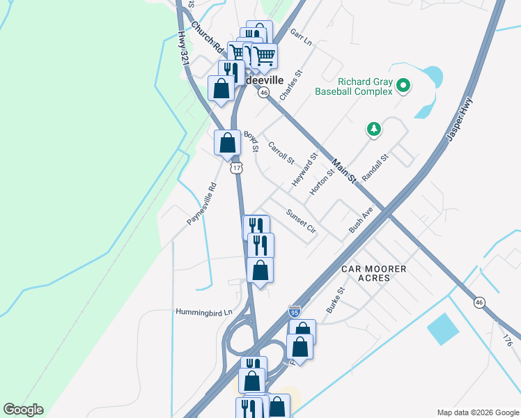 map of restaurants, bars, coffee shops, grocery stores, and more near 155 Ulman Street in Hardeeville
