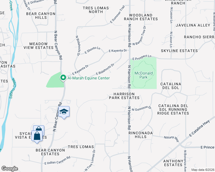 map of restaurants, bars, coffee shops, grocery stores, and more near 9357 East Harrison Park Drive in Tucson