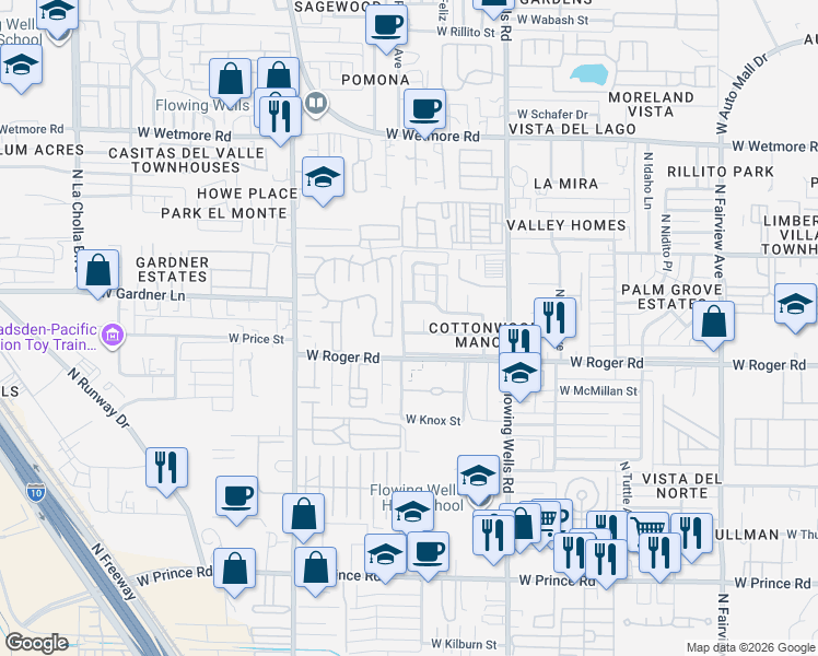 map of restaurants, bars, coffee shops, grocery stores, and more near 1541 West La Pasadita Street in Tucson