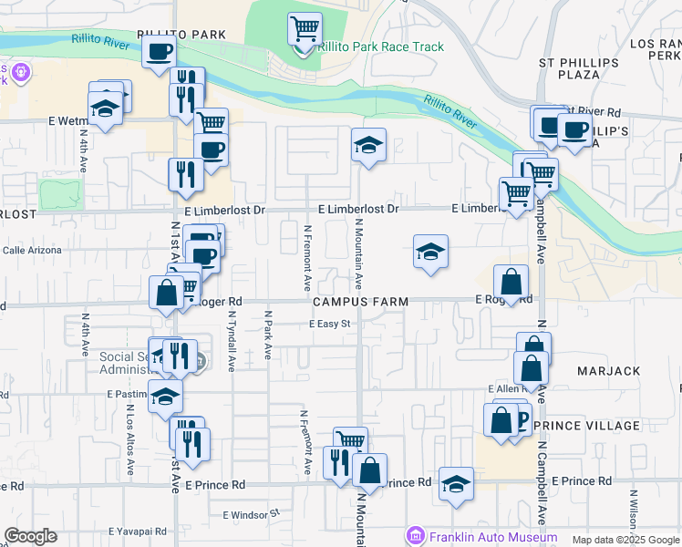 map of restaurants, bars, coffee shops, grocery stores, and more near 1262 East Weimer Circle in Tucson