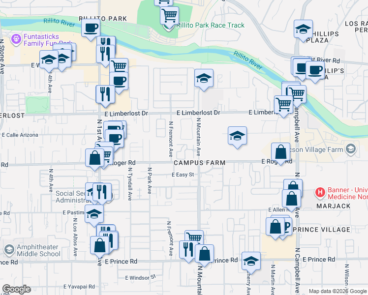 map of restaurants, bars, coffee shops, grocery stores, and more near 1262 East Weimer Circle in Tucson
