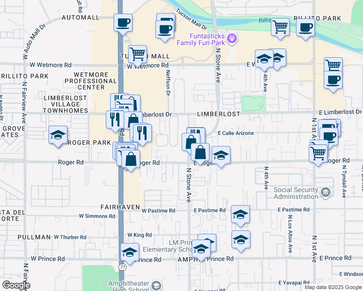 map of restaurants, bars, coffee shops, grocery stores, and more near 4007 North Stone Avenue in Tucson