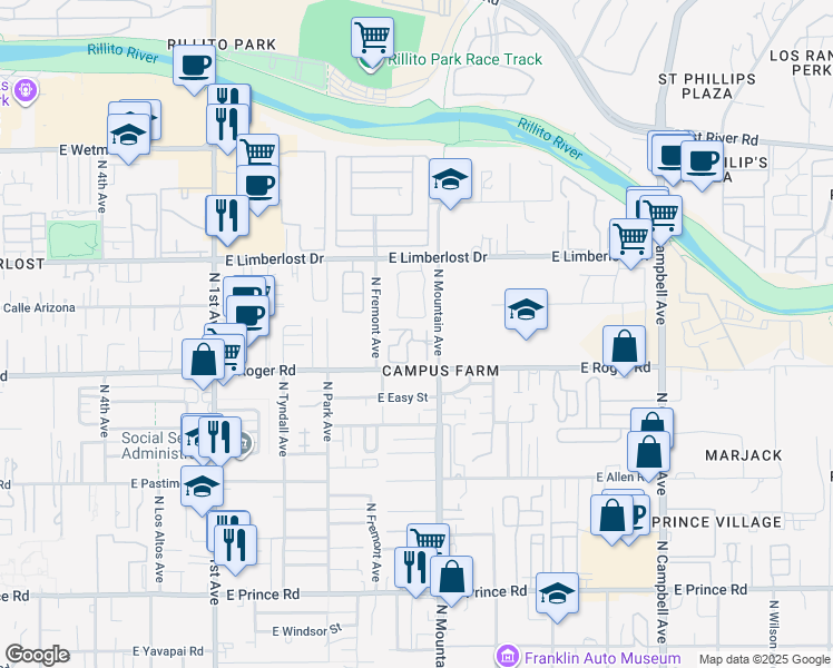 map of restaurants, bars, coffee shops, grocery stores, and more near 1262 East Weimer Circle in Tucson