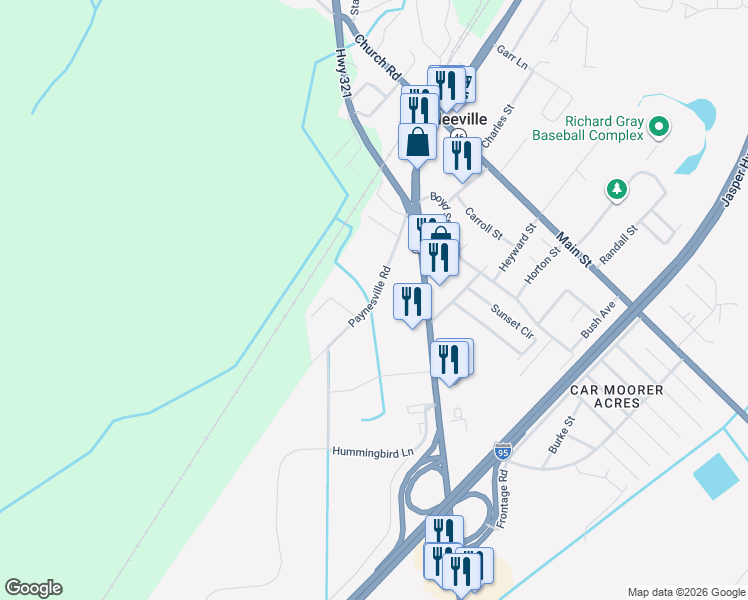 map of restaurants, bars, coffee shops, grocery stores, and more near Paynesville Road in Hardeeville