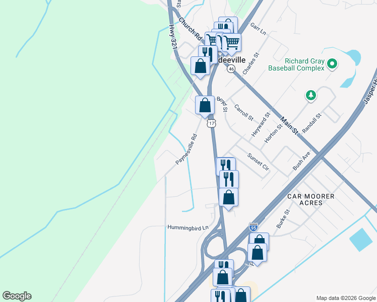 map of restaurants, bars, coffee shops, grocery stores, and more near Paynesville Road in Hardeeville
