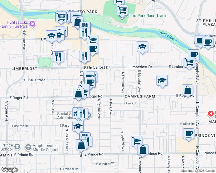 map of restaurants, bars, coffee shops, grocery stores, and more near 4016 North Park Avenue in Tucson