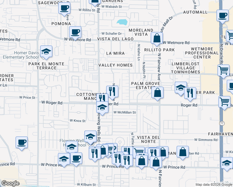 map of restaurants, bars, coffee shops, grocery stores, and more near 4040 North Reno Avenue in Tucson