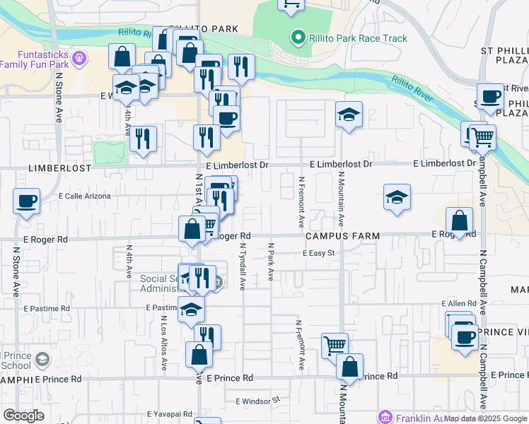 map of restaurants, bars, coffee shops, grocery stores, and more near 4016 North Park Avenue in Tucson
