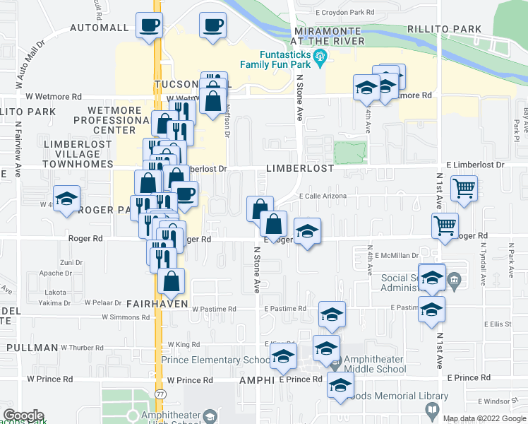 map of restaurants, bars, coffee shops, grocery stores, and more near N Thurston Ln & N Stone Ave in Tucson