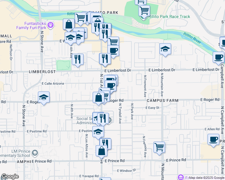 map of restaurants, bars, coffee shops, grocery stores, and more near 4036 North 1st Avenue in Tucson