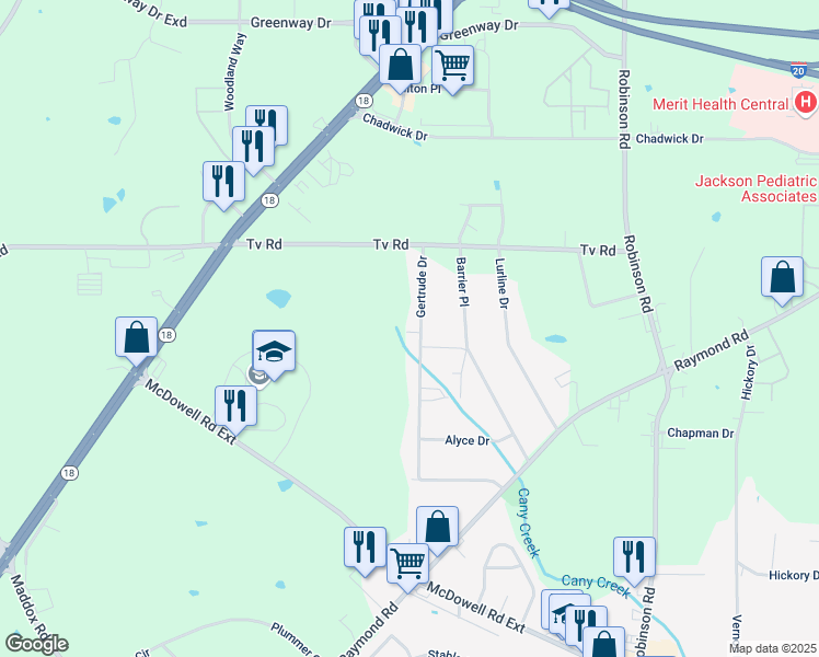 map of restaurants, bars, coffee shops, grocery stores, and more near 5105 Gertrude Drive in Jackson