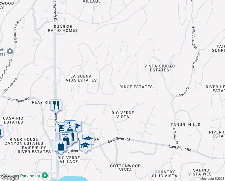 map of restaurants, bars, coffee shops, grocery stores, and more near 5951 East Placita De Las Luces in Tucson