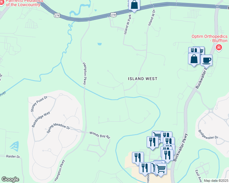 map of restaurants, bars, coffee shops, grocery stores, and more near 5 Jekyll Court in Bluffton