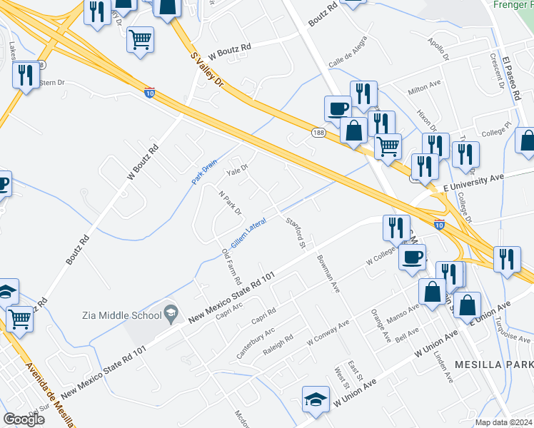 map of restaurants, bars, coffee shops, grocery stores, and more near 449 Dartmouth Avenue in Las Cruces