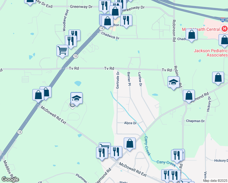 map of restaurants, bars, coffee shops, grocery stores, and more near 5105 Gertrude Drive in Jackson