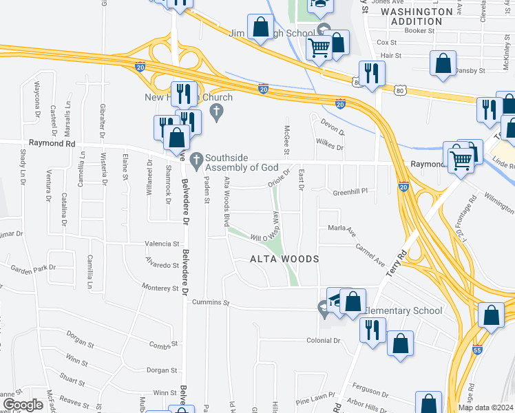 map of restaurants, bars, coffee shops, grocery stores, and more near 520 Mockingbird Lane in Jackson