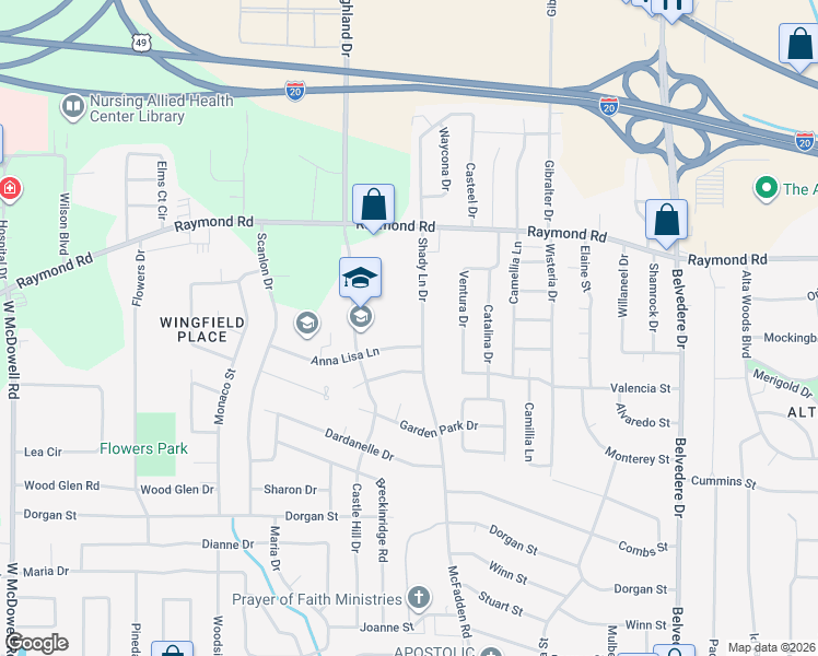 map of restaurants, bars, coffee shops, grocery stores, and more near 1951 Shady Lane Drive in Jackson