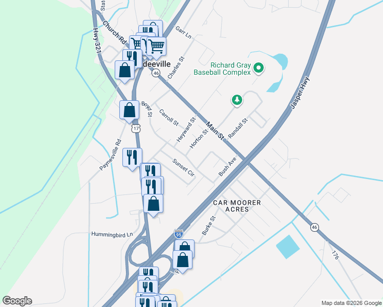 map of restaurants, bars, coffee shops, grocery stores, and more near 109 Horton Street in Hardeeville