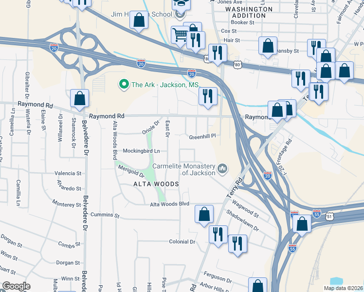 map of restaurants, bars, coffee shops, grocery stores, and more near 1903 Oakhurst Drive in Jackson