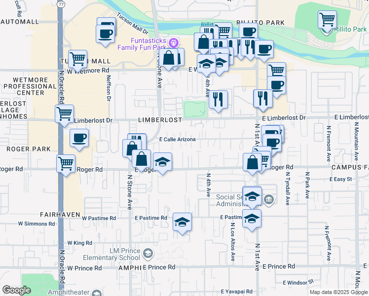 map of restaurants, bars, coffee shops, grocery stores, and more near 332 East Calle Arizona in Tucson