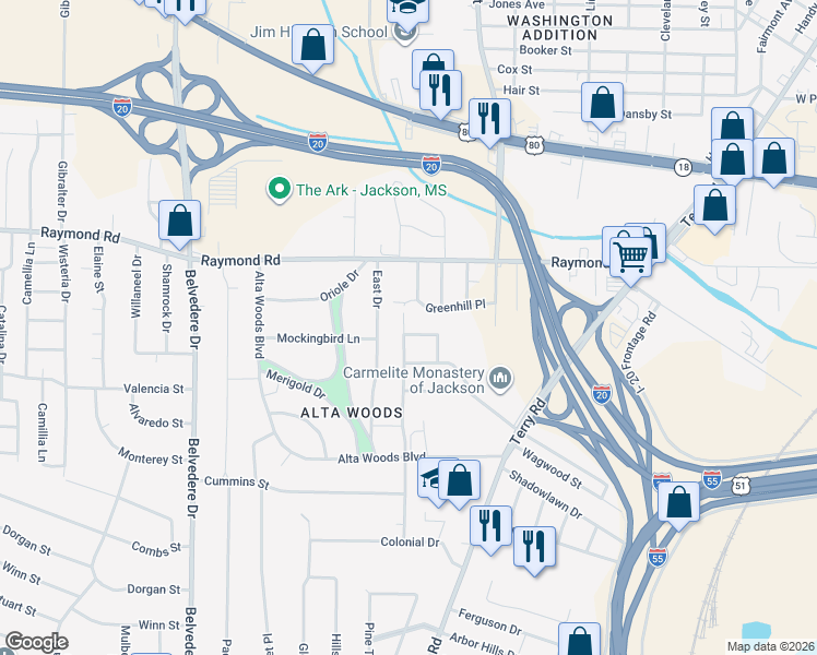 map of restaurants, bars, coffee shops, grocery stores, and more near 1903 Oakhurst Drive in Jackson