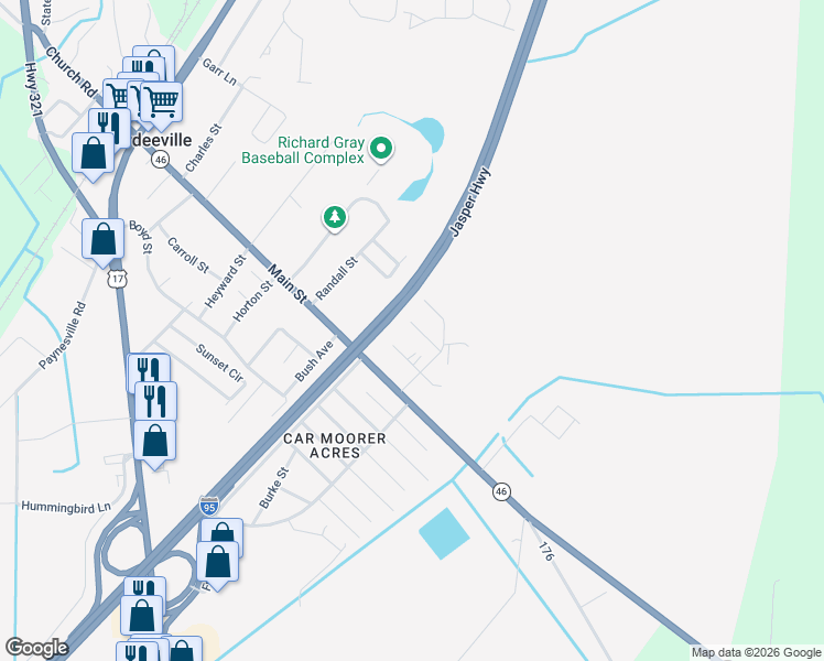 map of restaurants, bars, coffee shops, grocery stores, and more near 7 Winthrop Street in Hardeeville